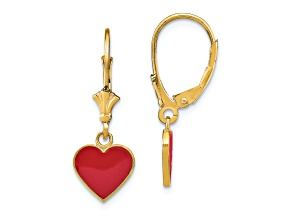 14K Yellow Gold Polished Enameled Heart Dangle Earrings
