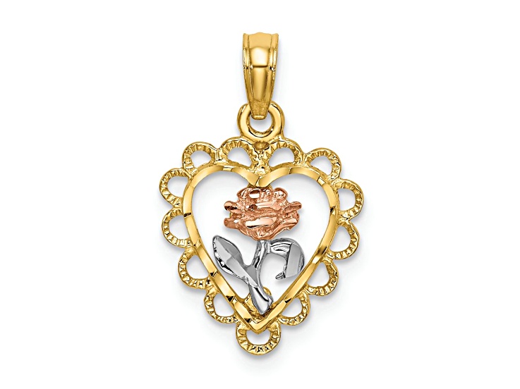 14k Tri-color Gold Textured Heart with Rose and Lace Trim Charm