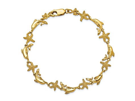14k Yellow Gold Textured Dolphin and Starfish Link Bracelet