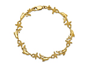 14k Yellow Gold Textured Dolphin and Starfish Link Bracelet