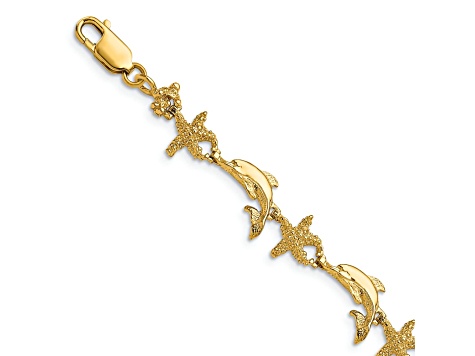 14k Yellow Gold Textured Dolphin and Starfish Link Bracelet