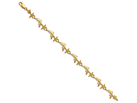 14k Yellow Gold Textured Dolphin and Starfish Link Bracelet