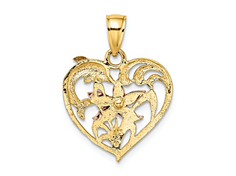 14K Tri-color Gold Textured Dolphin and Starfish In Heart Charm