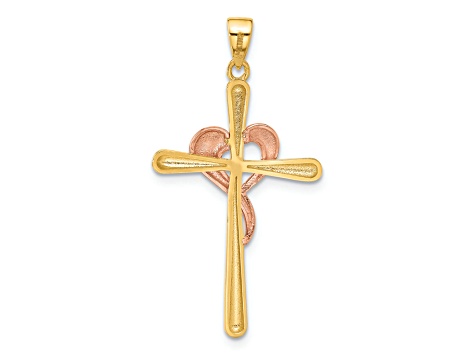 Rhodium Over 14K Tri-color Gold Polished Cross with Heart Pendant
