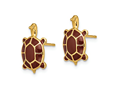 14k Yellow Gold Brown Enamel Sea Turtle Stud Earrings