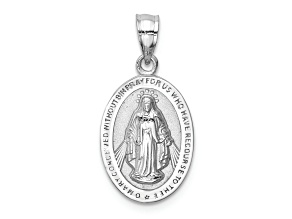 Rhodium Over 14k White Gold Satin and Polished Miraculous Medal Pendant