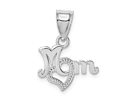 Rhodium Over 14k White Gold Textured MOM with Heart Pendant