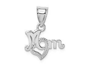 Rhodium Over 14k White Gold Textured MOM with Heart Pendant