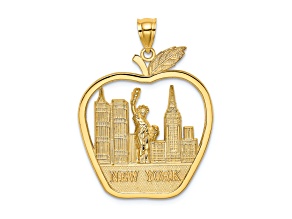 14k Yellow Gold Textured New York Apple with New York Skyline and Statue of Liberty Pendant