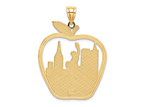 14k Yellow Gold Textured New York Apple with New York Skyline and Statue of Liberty Pendant