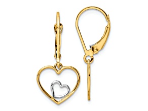14k Yellow Gold and Rhodium Over 14k Yellow Gold Heart inside Heart Dangle Earrings