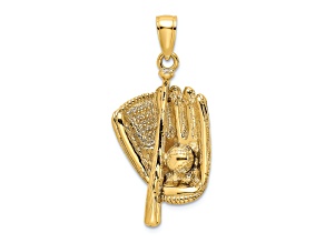 14k Yellow Gold 3D Textured Baseball Glove, Bat and Ball Charm