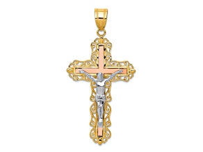 14K Yellow, White and Rose Gold Diamond-cut Crucifix Pendant
