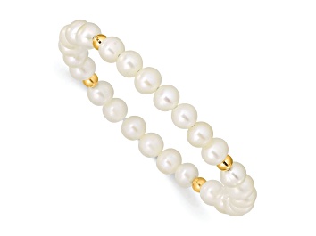 Picture of 14k Yellow Gold Children's 4-5mm White Egg Shape FWC Pearl and Beads Stretch Bracelet
