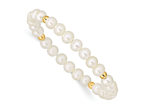 14k Yellow Gold Children's 4-5mm White Egg Shape FWC Pearl and Beads Stretch Bracelet