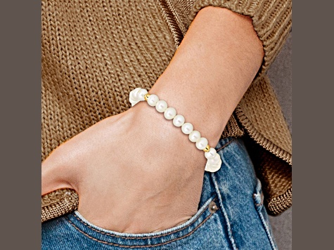 14k Yellow Gold Children's 4-5mm White Egg Shape FWC Pearl and Beads Stretch Bracelet