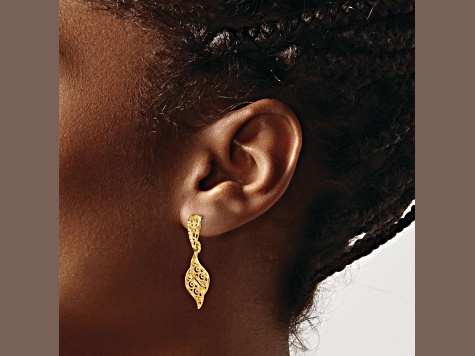 14k Yellow Gold Polished and Diamond-Cut Filigree Swirl Dangle Earrings