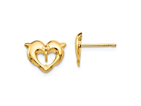 14K Yellow Gold Heart Dolphins Post Earrings