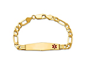 14k Yellow Gold Medical Soft Diamond Shape Red Enamel Figaro Link ID Bracelet
