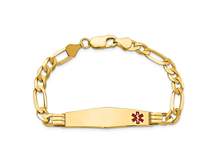 14k Yellow Gold Medical Soft Diamond Shape Red Enamel Figaro Link ID Bracelet