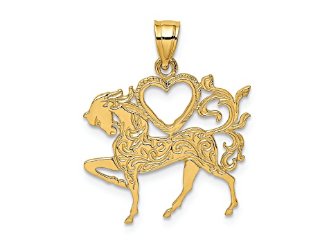 14k Yellow Gold Textured Heart and Horse Charm