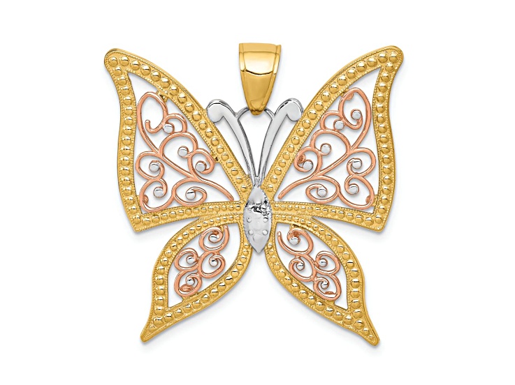 14K Two-tone Gold Diamond-Cut Butterfly Pendant