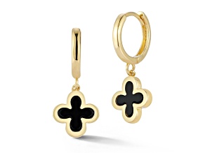 Bellissima Gold 14K Yellow Gold Onyx Clover Charm Huggie Hoop Earrings