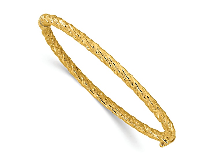 14k Yellow Gold Polished and Textured 4mm Twisted Hinged Bangle