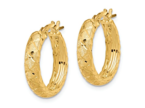 14K Yellow Gold 13/16" Satin and Diamond-Cut Criss Cross Hoop Earrings