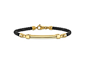 14k Yellow Gold Polished Bar Leather Bracelet