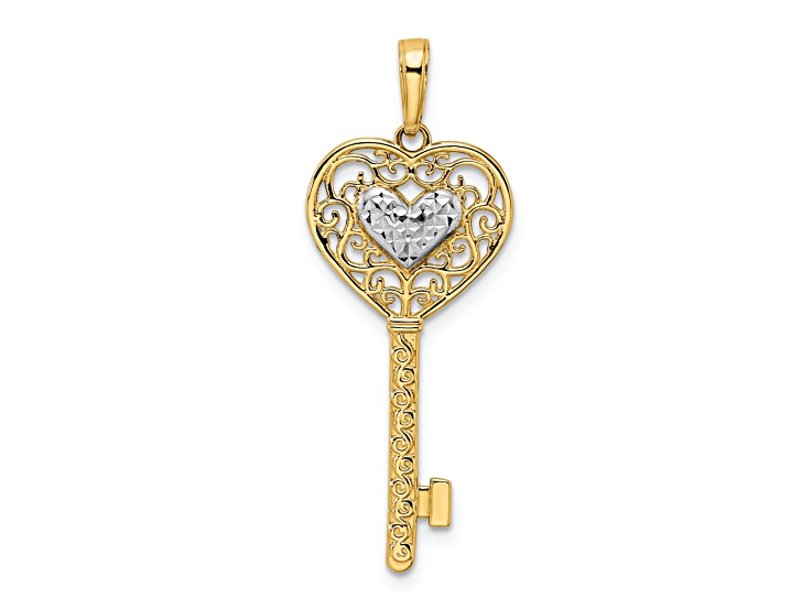 14K Two-tone Gold Diamond-Cut Filigree Heart Key Pendant