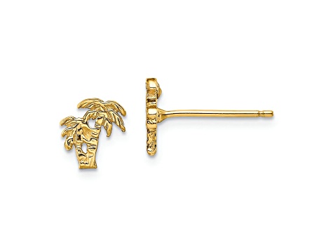 14k Yellow Gold Textured Mini Double Palm Tree Stud Earrings