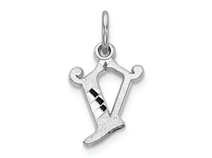Rhodium Over 14k White Gold Diamond-Cut and Satin Letter V Initial Charm