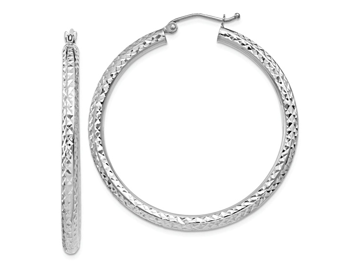 Rhodium Over 10k White Gold Diamond-Cut 1 3/8" Round Hoop Earrings
