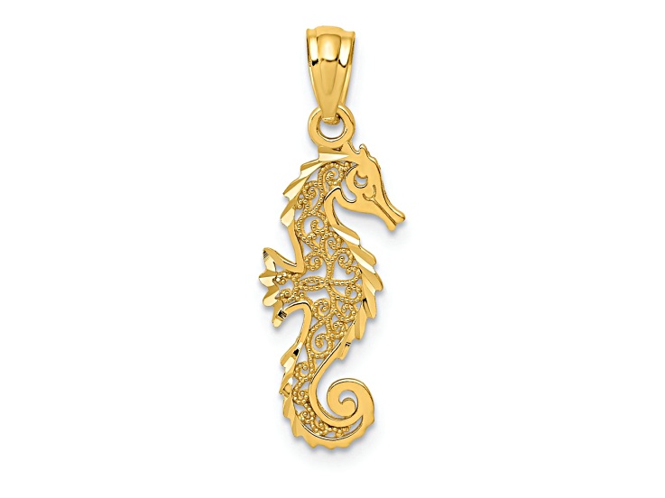 14k Yellow Gold Polished Diamond-Cut and Textured Filigree Seahorse Pendant