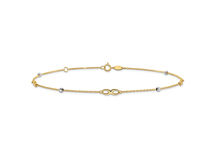 10k Yellow Gold and 10k White Gold Diamond-Cut Beads and Infinity Link Anklet
