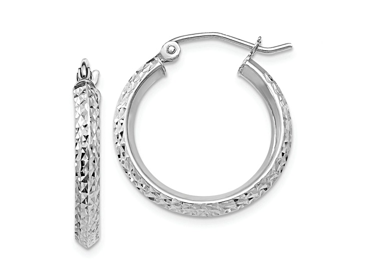 Rhodium Over 14k White Gold 13/16" Knife Edge Diamond-Cut Hoop Earrings