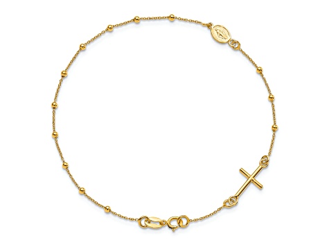 14K Yellow Gold Polished Cross Rosary 7.5 Inch Bracelet