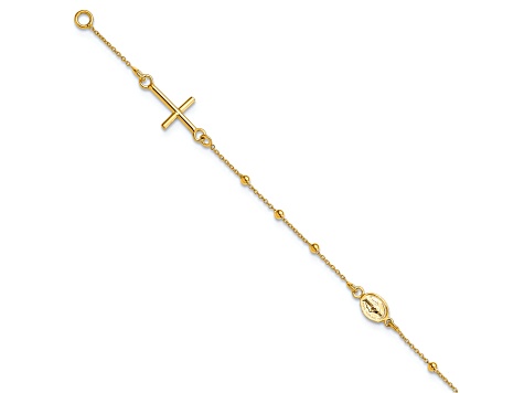 14K Yellow Gold Polished Cross Rosary 7.5 Inch Bracelet
