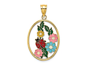 14k Yellow Gold Stained Glass and Enameled Ladybug with Flowers Oval Charm