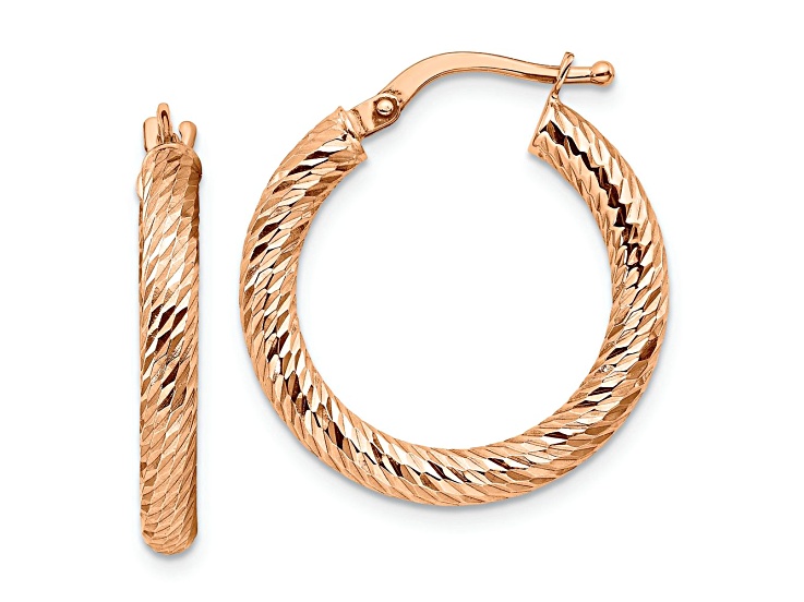 14k Rose Gold 7/8" Polished and Diamond-Cut Round Hoop Earrings