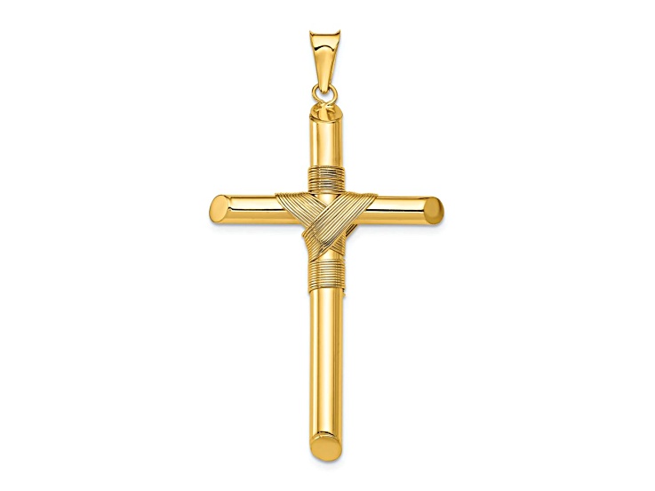 14k Yellow Gold Polished and Textured Center Wrap Tube Cross Pendant