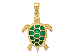 14k Yellow Gold Textured Green Enameled Sea Turtle Pendant