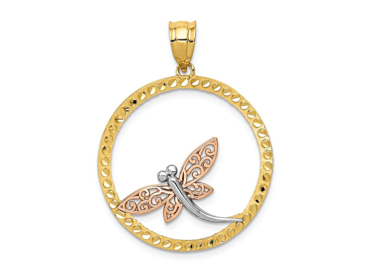14K Tri-color Gold Diamond-Cut Dragonfly Pendant