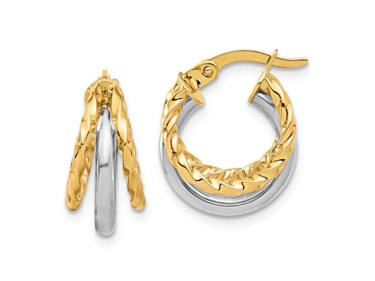 14k Yellow Gold and 14k White Gold 11/16" Polished and Textured Twisted Fancy Hoop Earrings