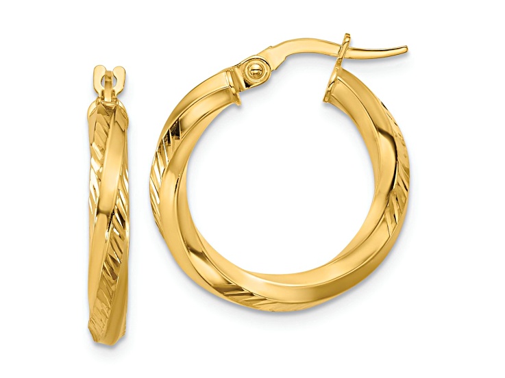 14k Yellow Gold 13/16 inch Polished and Diamond-cut Round Hoop Earrings