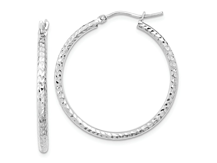 Rhodium Over 10k White Gold 1 1/4" Diamond-Cut Round Tube Hoop Earrings
