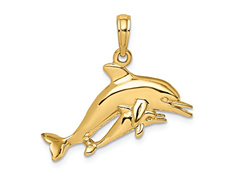 14k Yellow Gold 2D Double Dolphins Swimming Charm