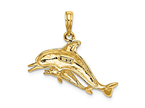 14k Yellow Gold 2D Double Dolphins Swimming Charm