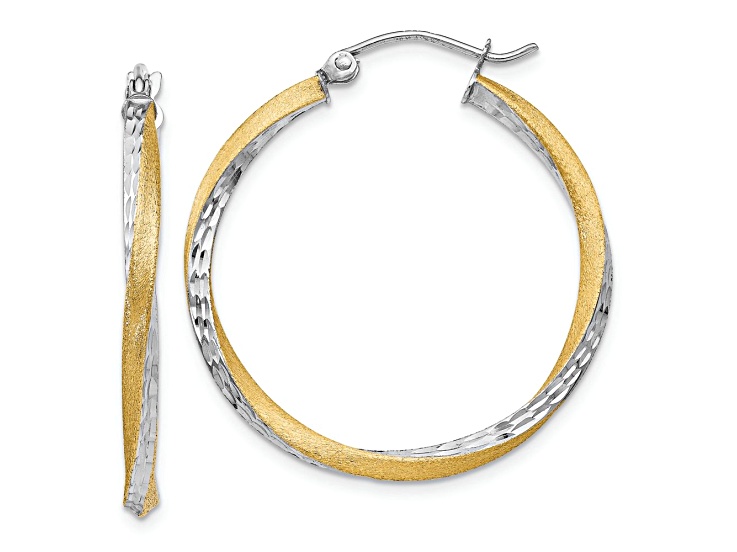 14k Yellow Gold and Rhodium Over 14k Yellow Gold 1 3/16" Satin Diamond-cut Twisted Hoop Earrings